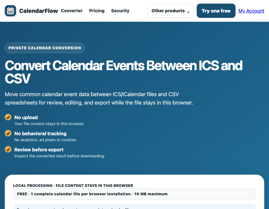 CalendarFlow calendar conversion workspace with an empty sample-data preview