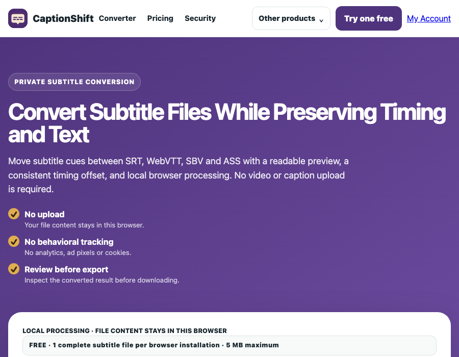 CaptionShift subtitle conversion workspace with an empty sample-data preview