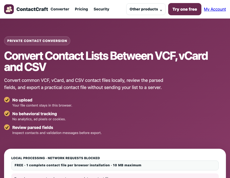 ContactCraft contact conversion workspace with an empty sample-data preview