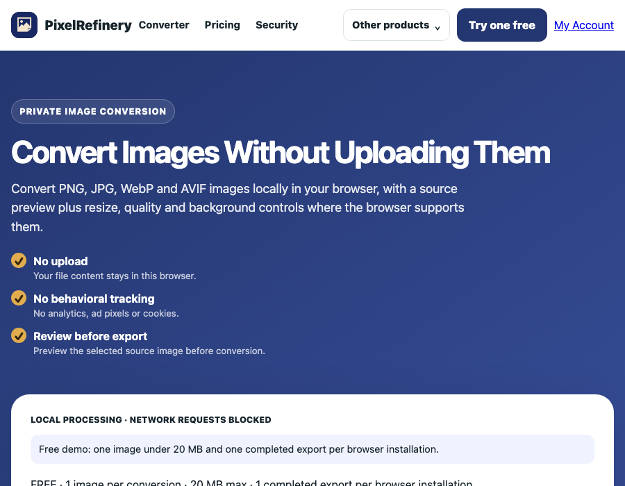 PixelRefinery image conversion workspace with an empty sample-data preview